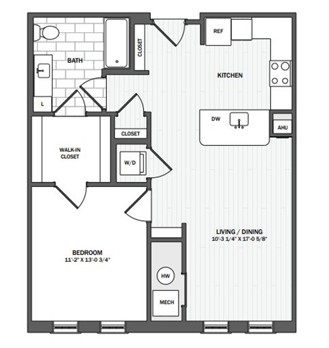 Floor plan for 1 bed, 1 bath, 780 sqft
